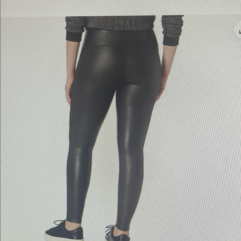 SPANX Black Faux Leather Power Waist Band High Rise Bodycon Leggings Size Medium - Picture 3 of 12